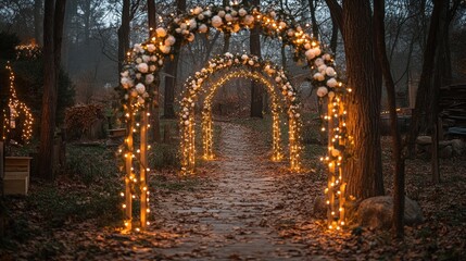Fototapeta premium Illuminated wedding archway pathway in autumnal forest.