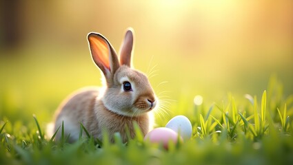 Obraz premium Easter Bunny with Colorful Eggs on Grass, Spring Holiday Theme