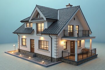 A charming two-story house nestled under a twilight sky, exuding warmth and tranquility with soft lighting and a detailed stone facade.