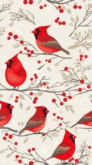 A charming winter illustration features vibrant red cardinals perched gracefully on snow-laden branches adorned with bright red berries creating a festive holiday scene perfect for