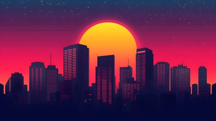 Naklejka premium Glowing Nighttime City Skyline with Futuristic Illuminated Architecture and Moon