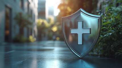 3D rendering of a protective shield symbolizing safety and defense against viruses, with a white medical cross on a secure background, representing protection and security in modern healthcare.

