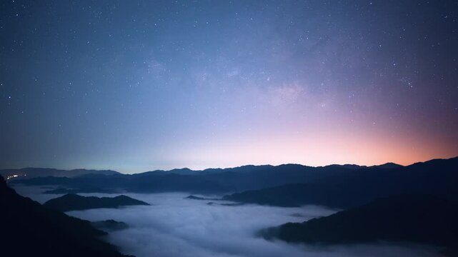 A breathtaking view of a starry night sky over mountain peaks and a sea of clouds in Xindian District, New Taipei City, Taiwan.
