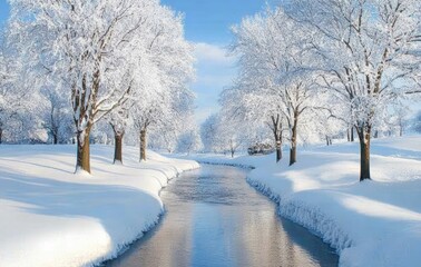 Obraz premium Beautiful winter landscape with trees and a stream covered in snow, creating an enchanting scene of nature's beauty.