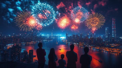 Family silhouetted against vibrant fireworks display over cityscape at night.