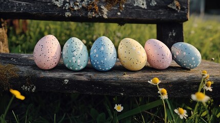 painted easter eggs celebrating a Happy Easter with a rustic wooden bench & green meadow grass
