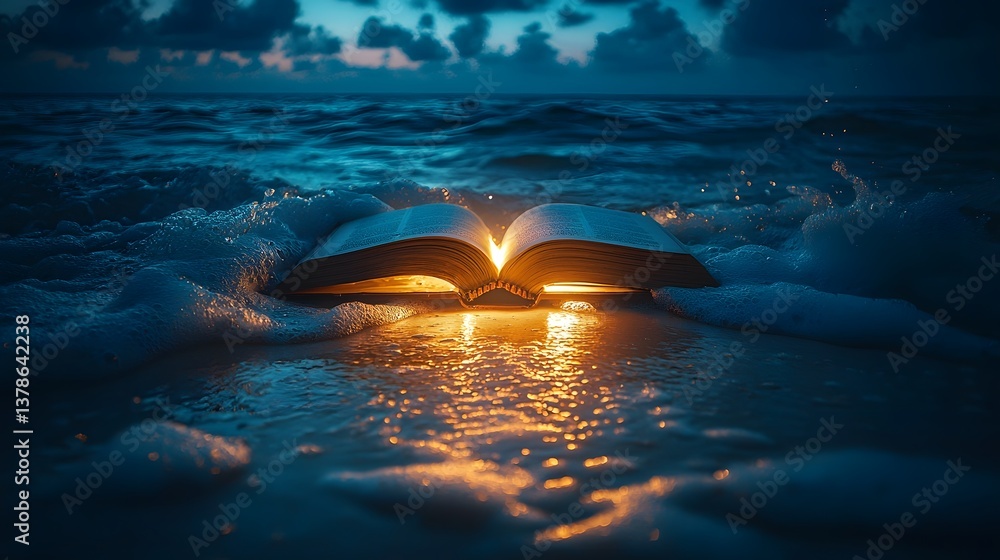 Poster an open book glowing on a moonlit beach with waves