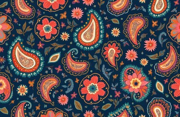 Fototapeta premium Seamless Indian paisley pattern vibrant colorful floral ornament. Oriental textile design. Decorative vintage floral wallpaper. Beautiful artistic print for fashion, fabric, wrapping paper, interior