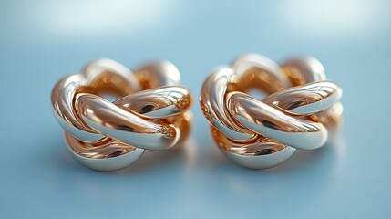 Fototapeta premium Close-up of two gold, interwoven, knot-shaped earrings on a light blue background.