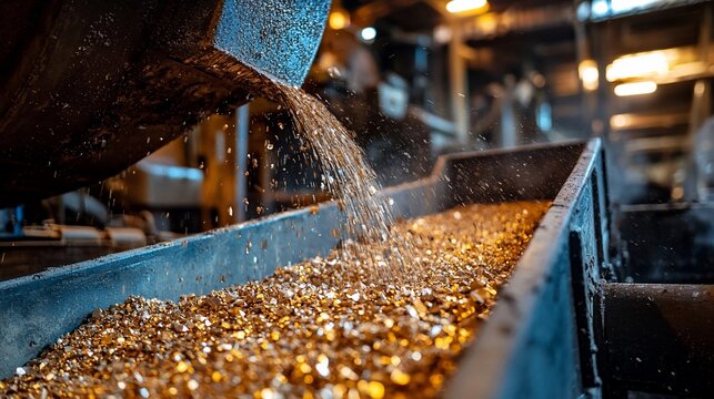 Metal scraps flowing on conveyor belt in factory