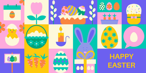 Banner Geometrical Happy Easter. Vector Illustration of Seasonal Religious Holiday. Spring Background. Egg Hunt and Bunny. Polygonal and Triangular.