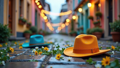  A street lined with colorful buildings at night, illuminated by string lights. The ground is adorned with flower petals and cowboy hats, creating a festive atmosphere.