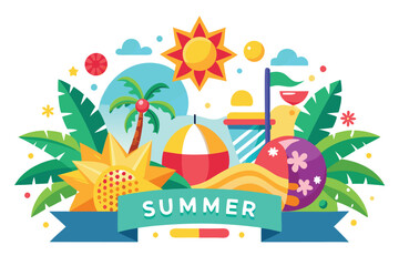 Fototapeta premium Summer Flat Design with Sun, Palm, Tropical Leaves, Beach Items on White Background