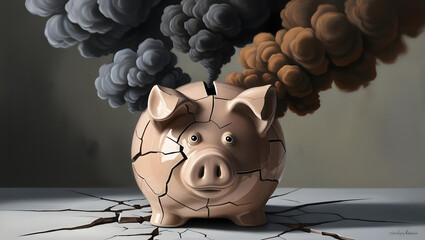 A cracked piggy bank releasing dark smoke, symbolizing financial trouble. The bank sits on a cracked surface with smoke billowing out