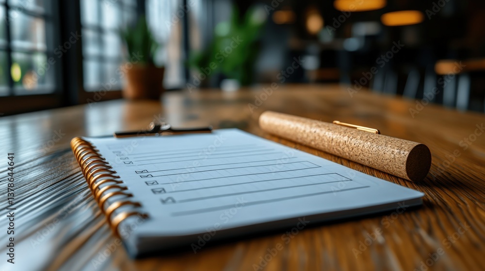 Aufkleber a close-up view of a wooden table with a notepad and pen, ideal for planning in a cozy caf? setting