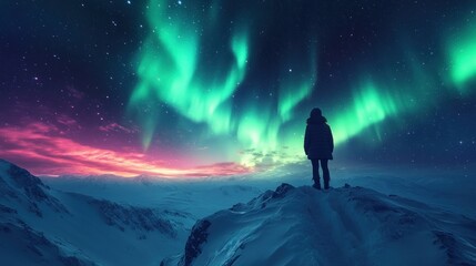 Silhouetted person gazing at vibrant aurora borealis over snowy mountain range at night.