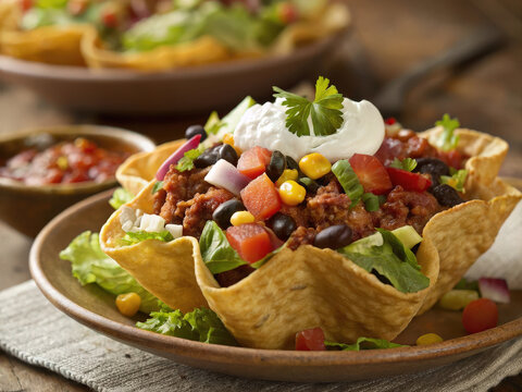  A plate of nachos with salsa, guacamole, and sour cream on top. The dishes are garnished with herbs and spices. - Powered by Adobe