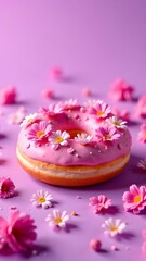 Naklejka premium Delicious pink donut decorated with flowers on a purple background surrounded by petals