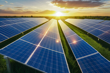 Solar Cell Panel Field in Green Landscape Under Bright Blue Sky, Renewable Energy Concept with Sustainable and Eco-Friendly Power Generation for Clean Technology and Environmental Conservation