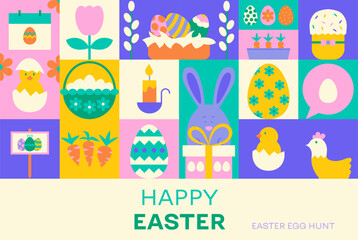 Geometrical Happy Easter Banner. Vector Illustration of Seasonal Religious Holiday. Spring Background. Egg Hunt and Bunny. Polygonal and Triangular.