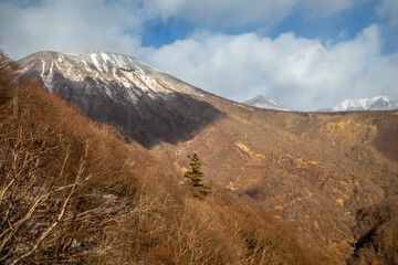 Akechidaira ropeway with surrounding beautiful viewpoints in Nikko, Japan, during cold weather in winter under cloudy blue sky