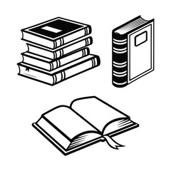 Vintage Books Set  Stack, Closed, and Open Book Black and White Vector Illustration .