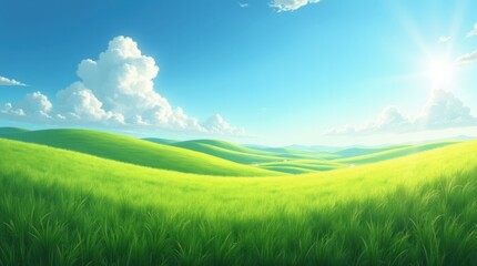 Fototapeta premium A picturesque landscape featuring vast green fields beneath a bright blue sky, where the foreground is filled with vivid grass gently swaying, and the middle ground transitions into rolling hills