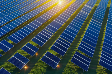 Solar Cell Panel Field in Green Landscape Under Bright Blue Sky, Renewable Energy Concept with Sustainable and Eco-Friendly Power Generation for Clean Technology and Environmental Conservation