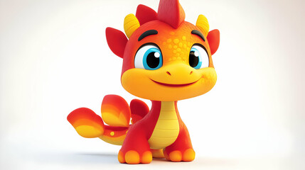Obraz premium Cheerful Red and Orange Cartoon Dragon with Bright Eyes on White Background Creates Happy and Playful Atmosphere For Children