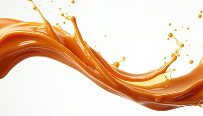 Sweet liquid caramel splash isolated white background. Delicious melted caramel sauce or syrup twist swirl. Food design elements for advertising, menu, product, promo, poster.