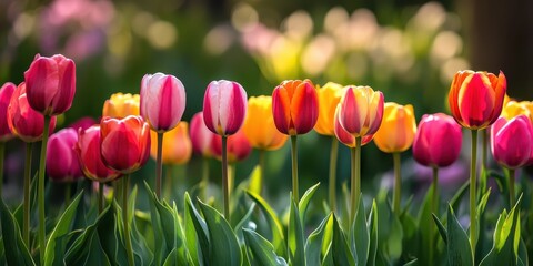 Enchanting vibrant tulip spring flowers in full bloom across a serene nature field garden landscape
