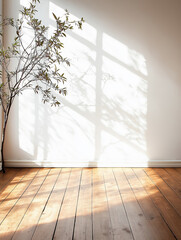 Calm Wide-Angle Interior Showcasing Natural Light and Shadows With Wooden Flooring and Plant
