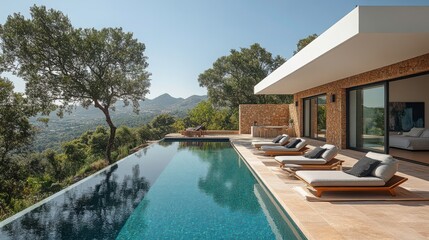 Fototapeta premium An inviting infinity pool adjoins a modern stone home with panoramic views
