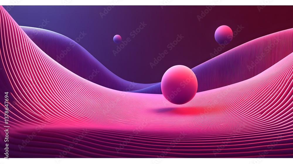 Poster abstract digital artwork featuring floating spheres and textured undulating surfaces