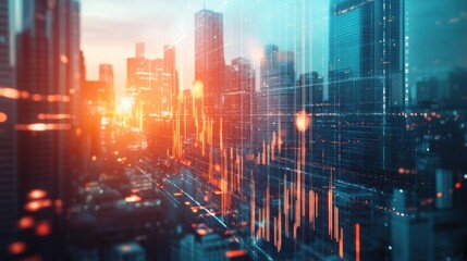 Futuristic Cityscape, Urban Skyline at Sunset with Data Overlay