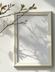 White Frame Casting Shadows on a Wall With Plant Branches Creating an Artistic Effect in the Afternoon Light