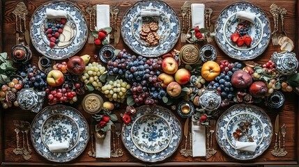 top-down renaissance feast table with fruit, cheese, and ornate utensils