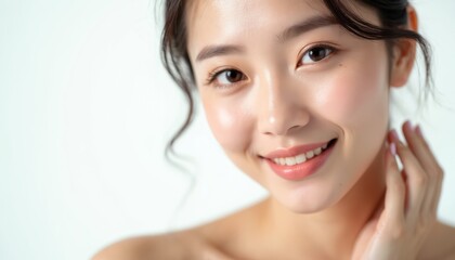 Young Asian beauty woman with radiant skin smiling. Face care treatment, perfect healthy skin. Cosmetology spa, wellness, skincare concept. Beauty model with natural makeup on white background.