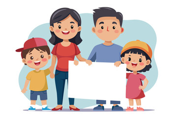 Asian Family Holding Blank White Signage, Parents and Children Isolated on White