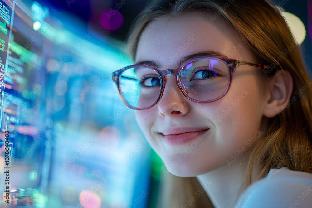 Poster smiling young scientist in glasses conducting research in a high tech laboratory generative ai