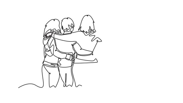 Back view of multi generational women community having fun together outdoors. Community focused concept. Single line draw design. Full length animation illustration. High quality 4k footage