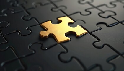 Gold jigsaw puzzle piece on black puzzles. Business team building concept, solution, teamwork, strategy, success. Problem solving, decision making, challenge, innovation, achievement. Finding right