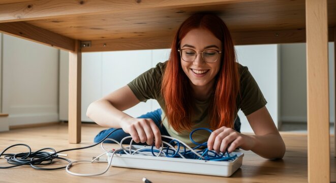 Woman organizing messy cables under table