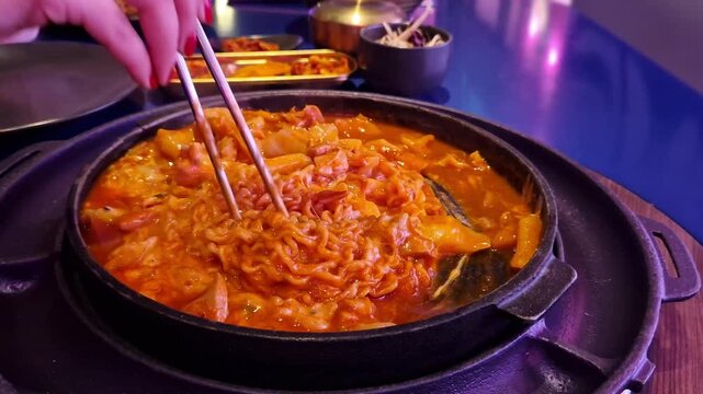 Takgalbi. Grilled patel with marinated chicken, tteokbokki, cabbage, noodles and mozzarella. Korean food. Delicious food in a restaurant. Hot food in a grilled patel
