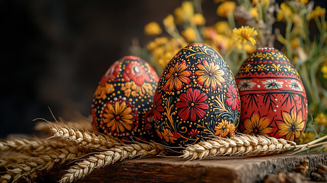 Traditional Ukrainian Easter eggs with floral patterns on wooden table, folk embroidery fabric, candlelit cultural heritage scene
