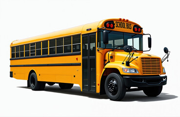 Bright yellow school bus isolated on white background. Vehicle transport students to school safely. Image features side view of bus, school bus sign visible. Ideal for education, transport, children