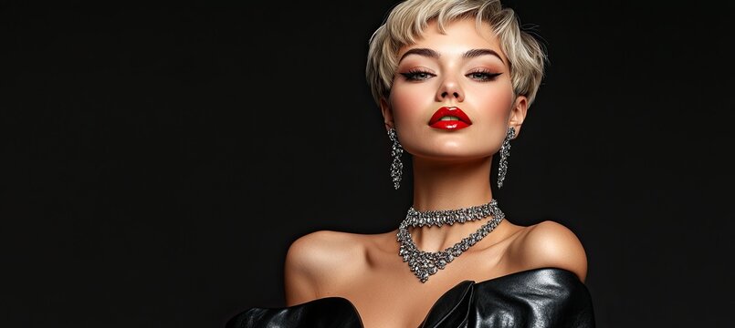 an elegant woman with short blonde hair, wearing red lipstick and bold earrings, posing in a black leather dress