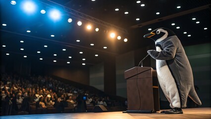 CEO Penguin giving a TED Talk on leadership and success, standing on a stage with an enthusiastic audience.