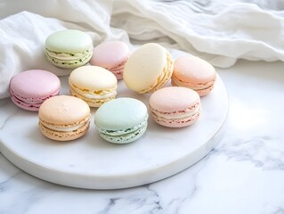 Obraz premium Colorful French Macarons: Elegant Pastel Pastries for Gourmet Dessert Indulgence on Marble Tabletop