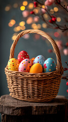 Easter basket with colorful eggs on rural background